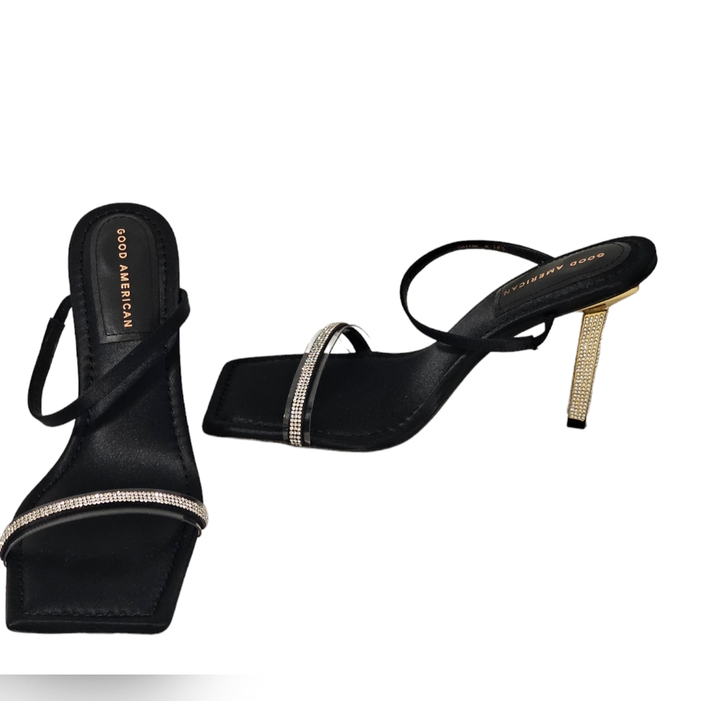 Good American Heels Black Satin Square Toe Slide Embellished New with dust bag